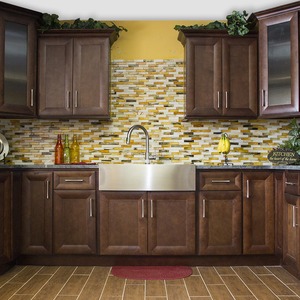 brown cabinets with silver appliances
