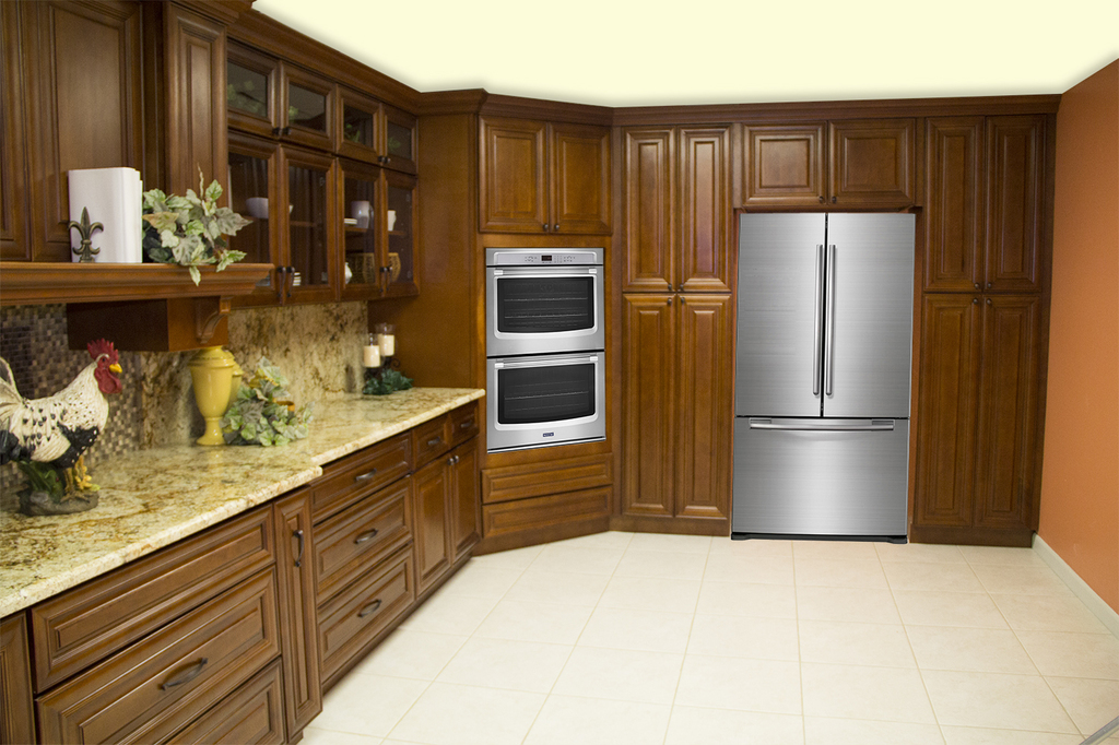 dark wooden colored cabinets with silver oven